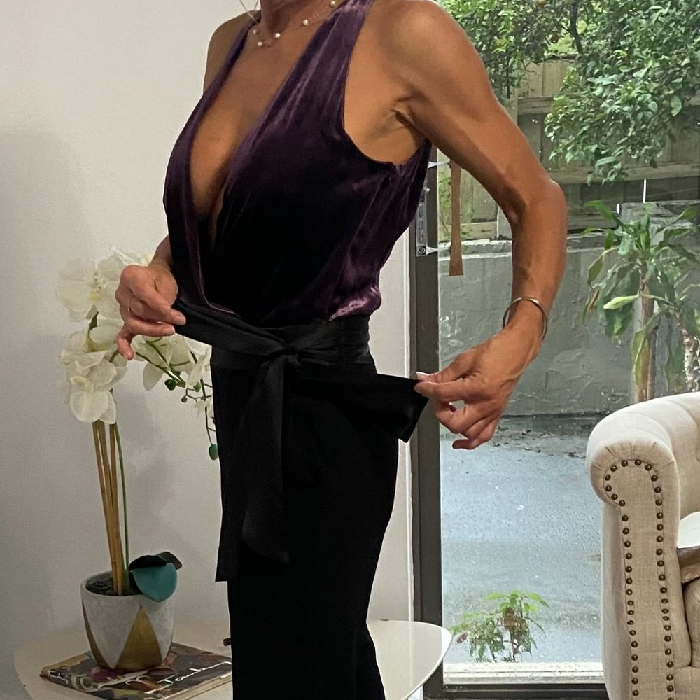 Ramy Brook Nina Jumpsuit Black Merlot Surplice Neck Black sash